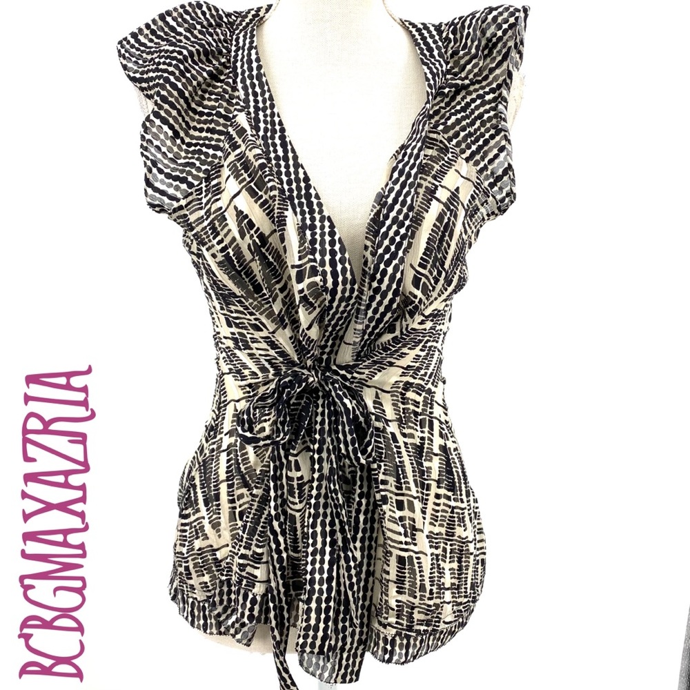 BCBG Black and Tan tribal ruffle top